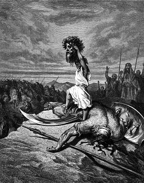 David Engraving by Gustave Dore (1832 1883) David slays Goliath Samuel 17 illustration was published in "bible or books of new testament and old testament"(1875) scan by Ivan Burmistrov gustave dore stock illustrations