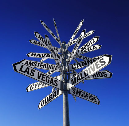 Low-angle view of signpost presenting famous tourist places of the world.