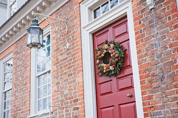 istock Doorway with Christmas wreath 182365381