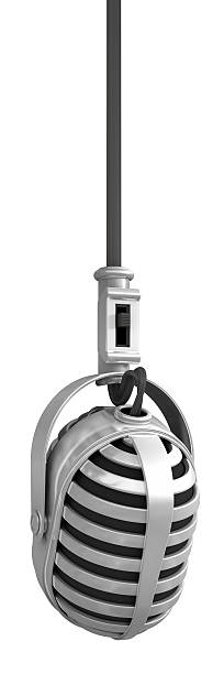 Vintage Microphone Vintage chrome microphone hanging from a cord in a white environment.Could be useful for a live event or musical composition.This is a detailed 3d rendering. hanging stock pictures, royalty-free photos & images