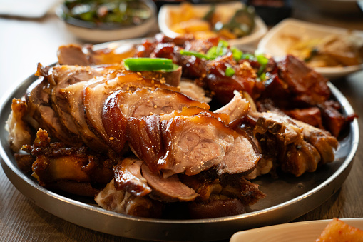 Roasted Chicken With Savory Soy Sauce Served On White Plate, Chinese Food