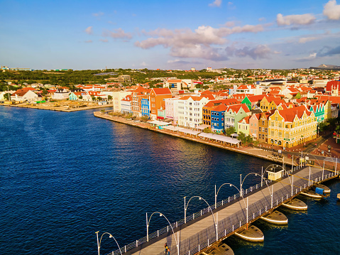 Willemstad, Curacao 12 March 2021. Dutch Antilles. Colorful Buildings attract tourists from all over the world. Blue sky sunny day