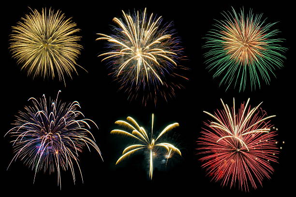 Fireworks Group Single bursts of fireworks on black. firework man made object stock pictures, royalty-free photos & images