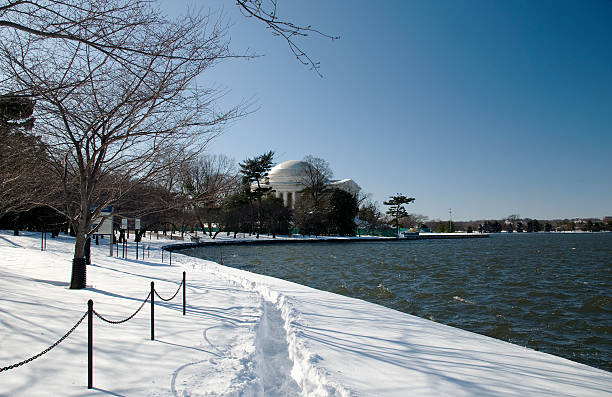 Snowy Jefferson Memorial stock photo