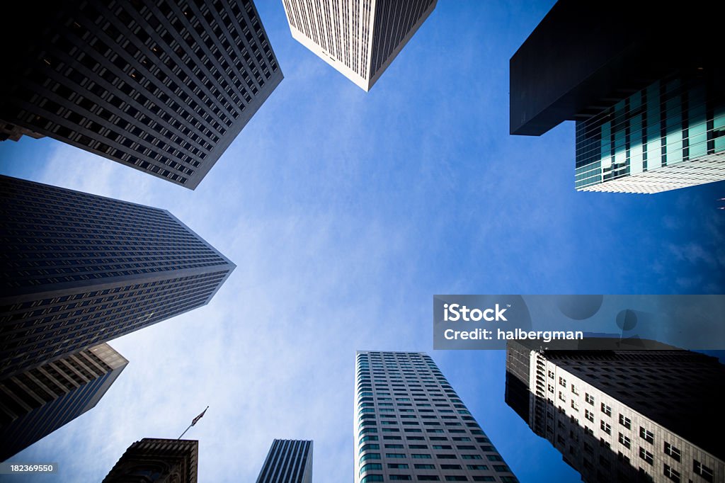 San Francisco Financial District Looking Up Wide angle shot of skyscrapers in San Francisco's Market Street financial district Architecture Stock Photo