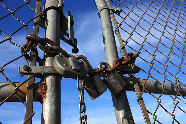 Padlocks on a chain link fence.