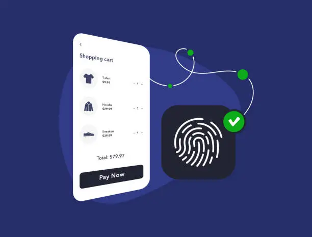 Vector illustration of Biometric Payment Authentication in Mobile Checkout Process. Fast and secure payment confirmation with m-commerce biometric checkout fingerprint authentication. Frictionless Payment illustration