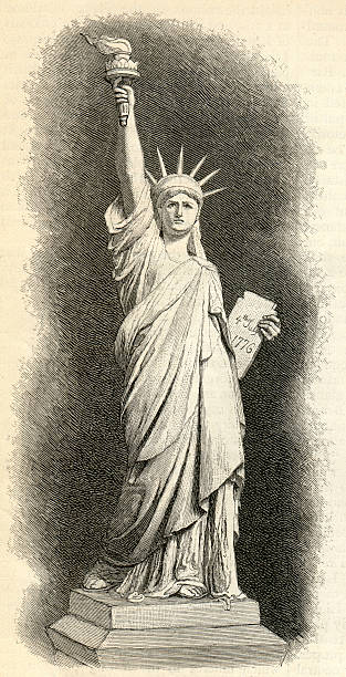 Statue of Liberty in the United States against the backdrop of the waving flag of America and New York City