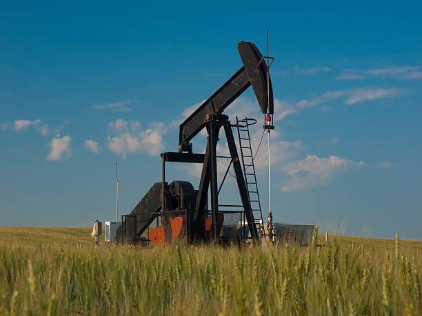 istock Oil Pump Pumpjack With Wheat in Foreground 182370997