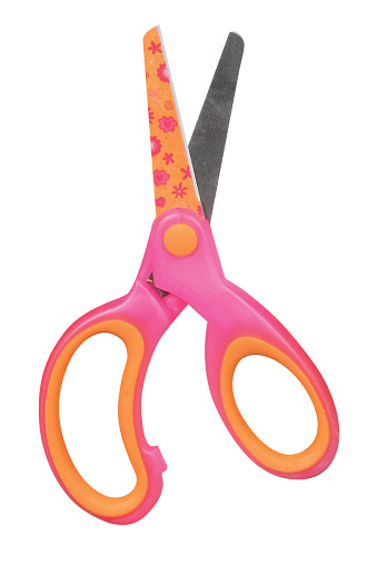violet plastic handle closed scissors on white background.