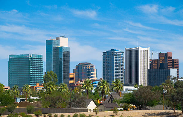 Phoenix downtown skyline and palm trees "Downtown Phoenix skyline, with palm trees, a residential neighborhood, and a blue sky with clouds." phoenix stone stock pictures, royalty-free photos & images
