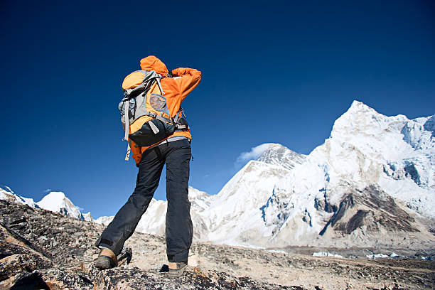 istock Female trekker is looking at Mount Everest 182372649