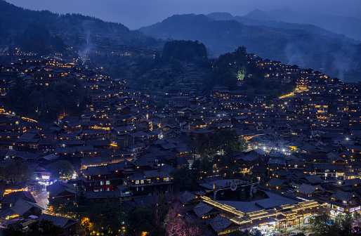 Miao village at night in autumn, Guizhou Province, China