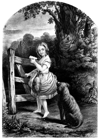 Engraving of a girl and a dog from 1857 of women's fashion.  The engraving is now in the public domain.