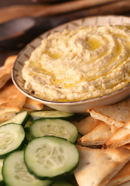 istock Fresh humus next to slices of cucumber and flatbread 182373214