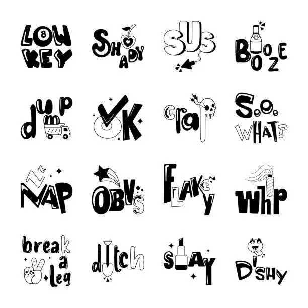 Vector illustration of Trendy Set of Slang Words Glyph Stickers