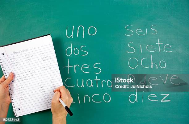 Chalkboard En Español Clase Foto de stock y más banco de imágenes de Adulto - Adulto, Aprender, Cuaderno de apuntes