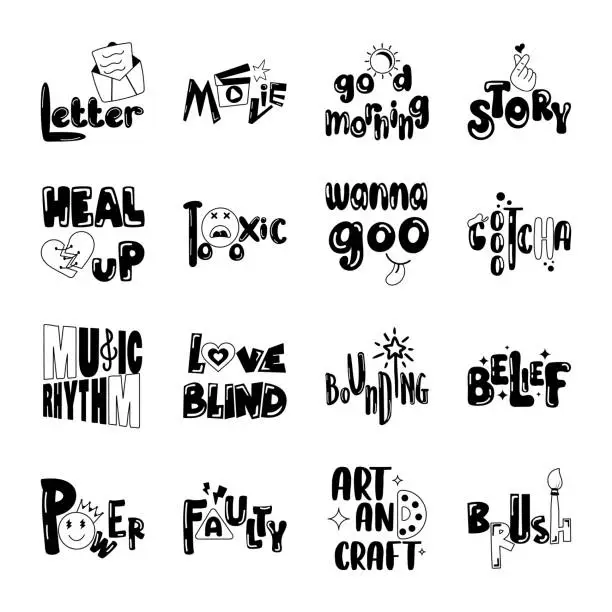 Vector illustration of Pack of Slang Words Glyph Stickers