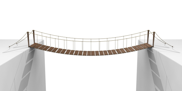 Rope bridge on a white background.Could be useful in a bridge metaphor composition.This is a detailed 3d rendering.