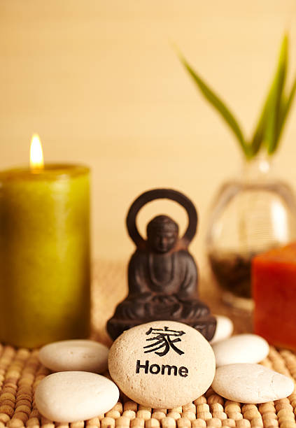istock Spa still life pebble with home on it and candle 182374070
