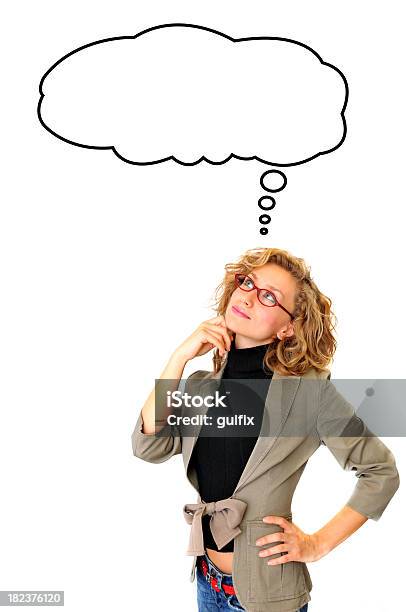 Pensativa Mulher De Negócios Em Branco Balão De Pensamento Em Desenho Animado - Fotografias de stock e mais imagens de Adulto