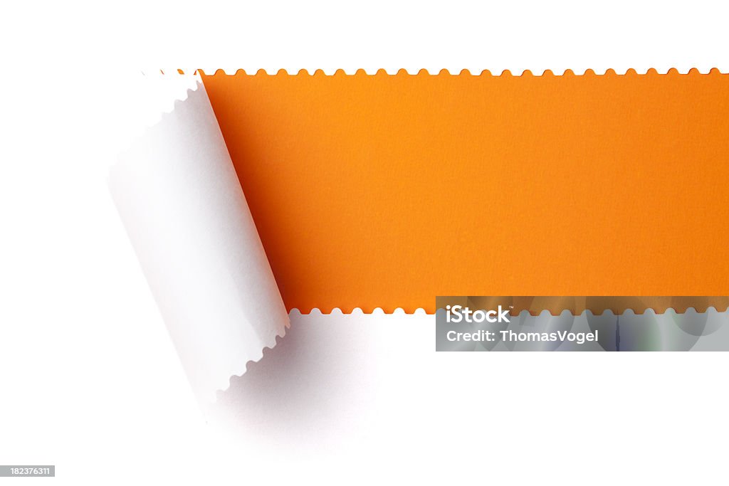 Torn paper. Discovery Emergence Tearing perforated Rolled Up Background White torn paper over orange background.Use the selective color tool in Photoshop to change the orange to any other color. Perforated Stock Photo