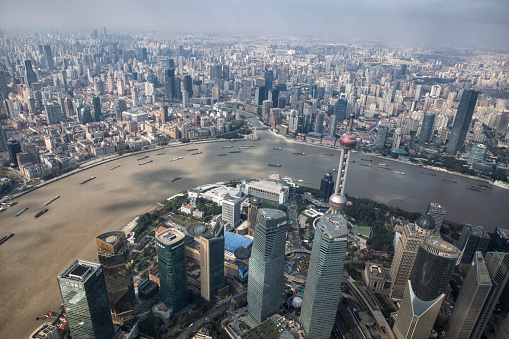 Aerial view of Shanghai bund from Lujiazui,.