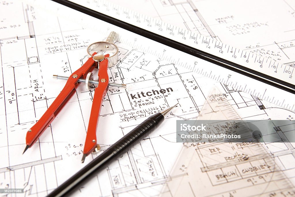 Detalhes do plano de construção com ferramentas de arquiteto (cozinha - Foto de stock de Arquitetura royalty-free