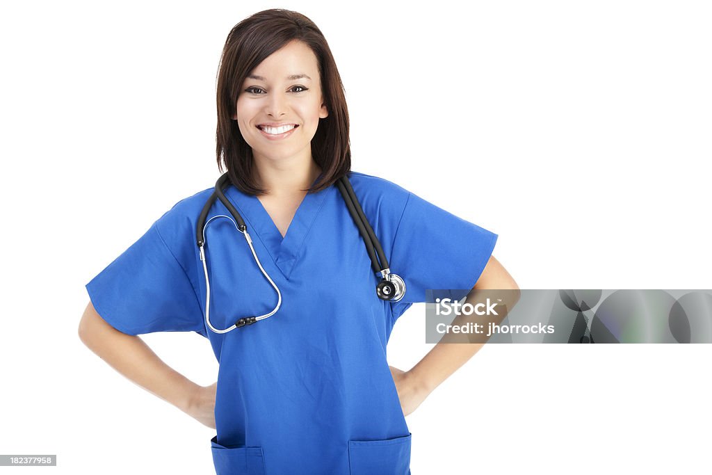 Уверенный молодая медсестра в голубой скрабы - Стоковые фото Изолированный предмет роялти-фри
