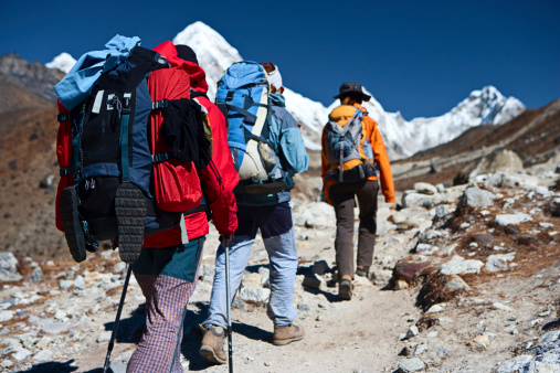 Group of trekkers in Mount Everest National Park. This is the highest national park in the world, with the entire park located above 3,000 m ( 9,700 ft). This park includes three peaks higher than 8,000 m, including Mt Everest. Therefore, most of the park area is very rugged and steep, with its terrain cut by deep rivers and glaciers. Unlike other parks in the plain areas, this park can be divided into four climate zones because of the rising altitude. The climatic zones include a forested lower zone, a zone of alpine scrub, the upper alpine zone which includes upper limit of vegetation growth, and the Arctic zone where no plants can grow. The types of plants and animals that are found in the park depend on the altitude.http://bem.2be.pl/IS/nepal_380.jpg