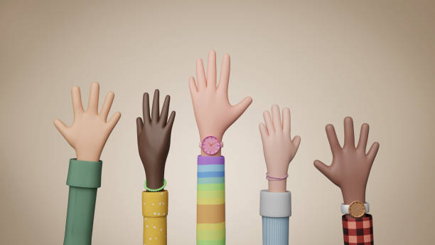 istock 3D illustration of Diverse people raising their hands 1823794996