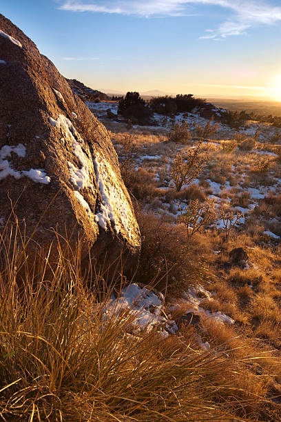 istock sunset landscape desert boulder yucca snow 182379947