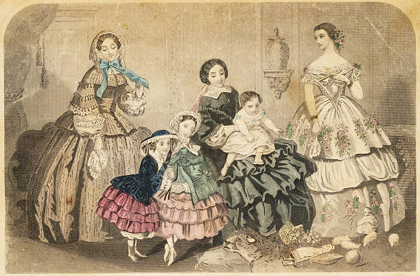 Hand colored engraving from 1857 of women's fashion.  The engraving is now in the public domain.