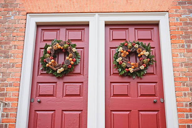 istock Doorway with Christmas wreath 182381169