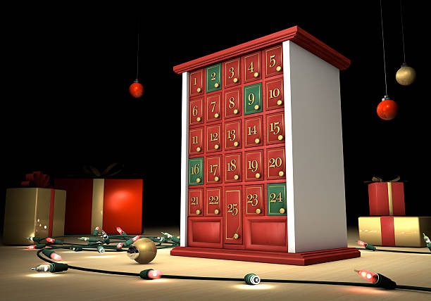 "An advent calendar, together with gifts, Christmas lights, and ornaments decorating and counting down the days prior to Christmas. Happy holidays. Image created in 3D. Related collections:"