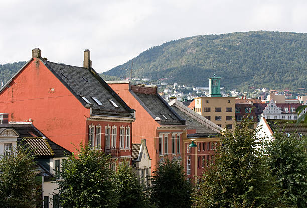 Narrow streets with colorful wooden houses in the city of Bergen, Norway