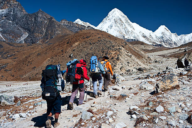 Steep ascent over boulders to Cho La pass at 5400 meters connecting Gokyo and Khumbu valleys in Nepal