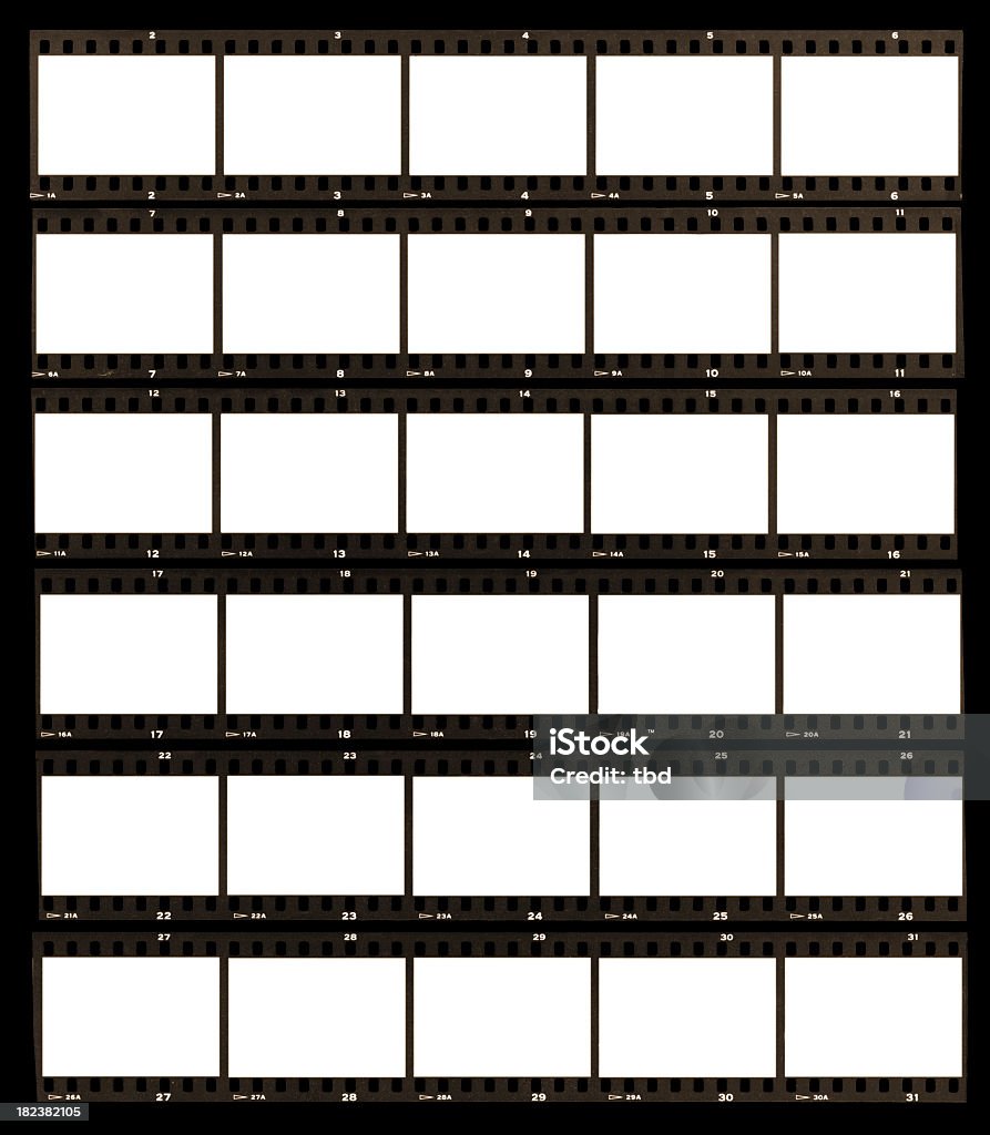 Contact sheet paper in black and white "A contact sheet of 35mm film strips, with sprocket holes and numbering visible.More darkroom elements:" Contact Sheet Stock Photo