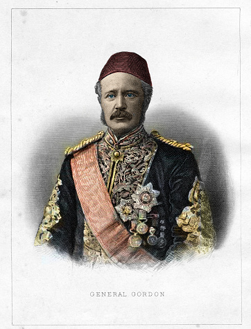 Vintage engraving of the legendary British General Charles George Gordon, also known as Chinese Gordon, Gordon Pasha, and Gordon of Khartoum.  Engraving from c.1887, photo by D Walker.  One of the most famous generals of the British Empire, he is remembered for his campaigns in China and northern Africa.  Especially for his famous last stand when he was killed fighting the Mahdi's warriors on the steps of the palace in Khartoum, Sudan in 1885.