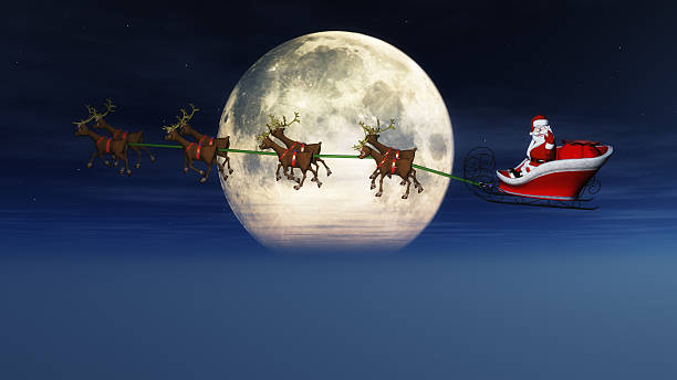 istock Santa And Reindeer At Night 182382552