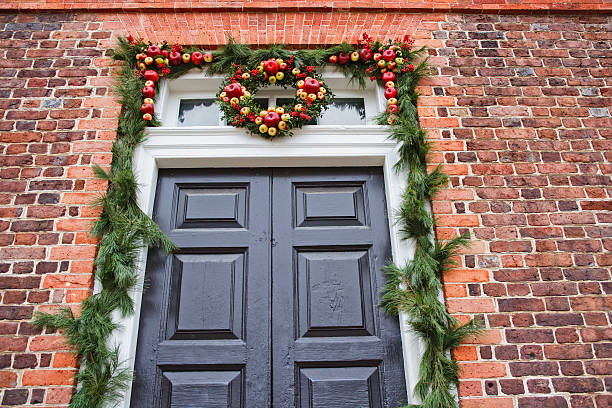 istock Doorway with Christmas wreath 182382898