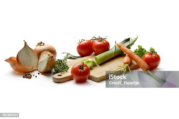 Ingredients Leek Tomato Carrot Onion Parsley And Pepper Stock Photo - Download Image Now