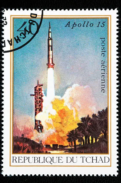 Royalty free stock photo stamp of  Apollo 15 mission rocket taking off