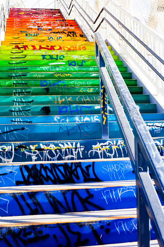 Rainbow colored stairs in town of Bucharest, overall view