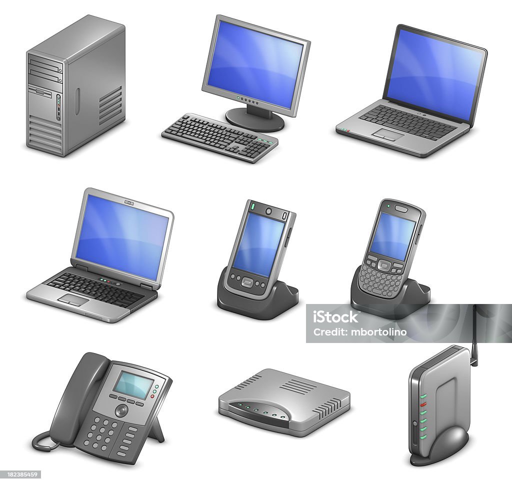 Orthographic Computing Diagram Icons "Computer network diagram icons, 3d rendered in an orthographic, near-isometric projection for tidy diagram layouts.Includes: desktop pc, monitor & keyboard, laptop, netbook, PDA, mobile phone, wireless router, wired router & voip phone.Vector clipping path is included in the jpeg.Similar pictures from my portfolio:" Desktop PC Stock Photo