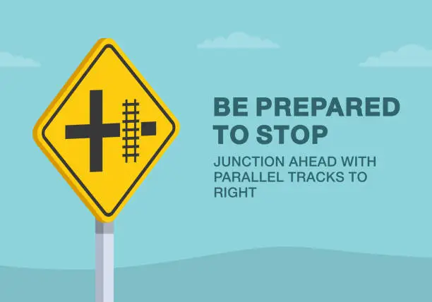 Vector illustration of Safe driving tips and traffic regulation rules. Close-up of United States junction ahead with parallel tracks sign. Vector illustration template.