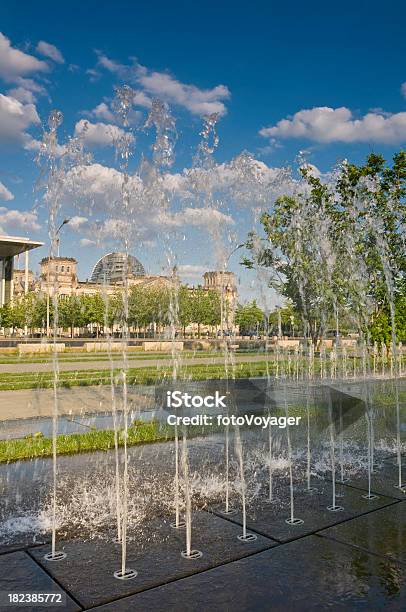 Berlin Reichstag Parliament Buildings Summer Fountains Platz Der Republik Germany Stock Photo - Download Image Now