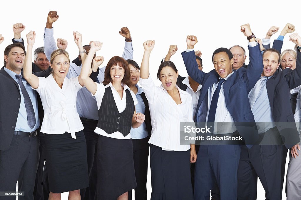 Colleghi di business di successo con le mani sollevate con entusiasmo - Foto stock royalty-free di 20-24 anni