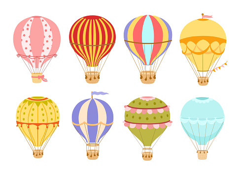 Vintage Hot air balloon with flags set. Vector colorful illustration isolated on white