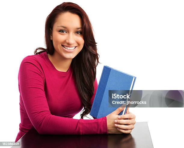 Atractiva Mujer Joven Con Libro Foto de stock y más banco de imágenes de Manga larga - Manga larga, Mujeres, Camiseta